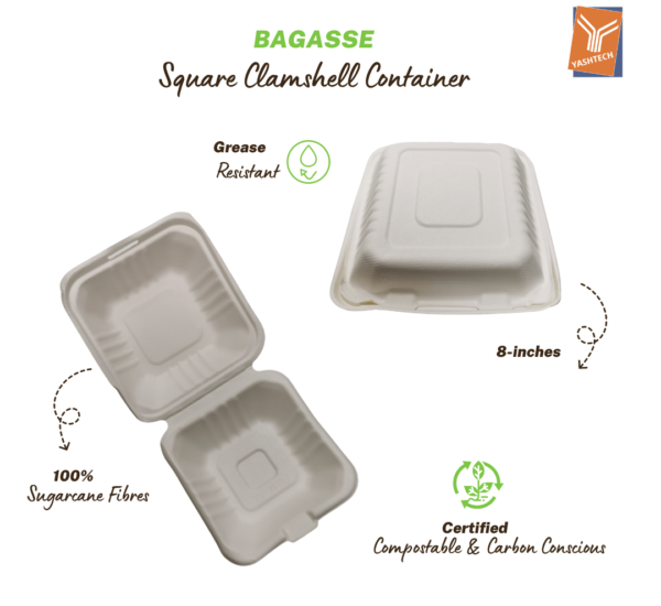 Square Bagasse Clamshell Container - YT-B-103A - Main Image