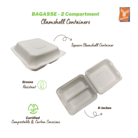 Bagasse Clamshell Containers – 2 Compartment